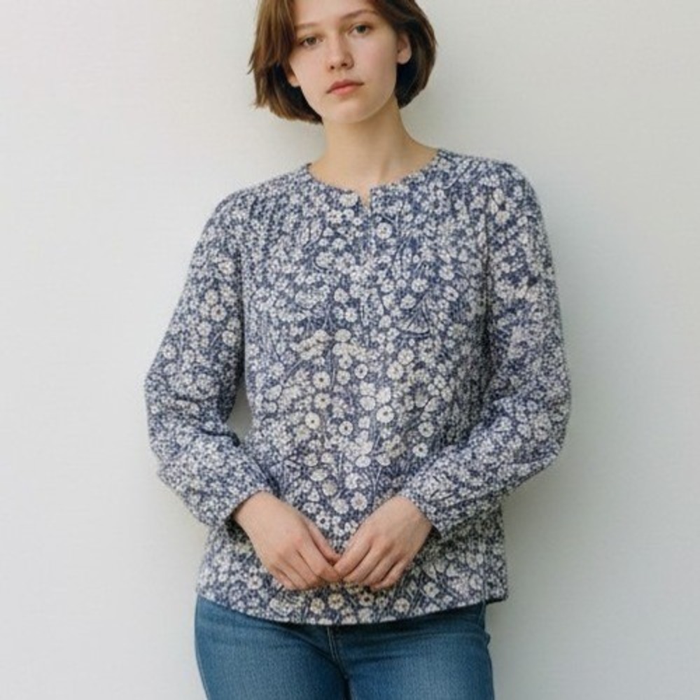 Rebecca Taylor Floral Silk Button Up Blouse Womens Size 6 Blue White Long Sleeve
